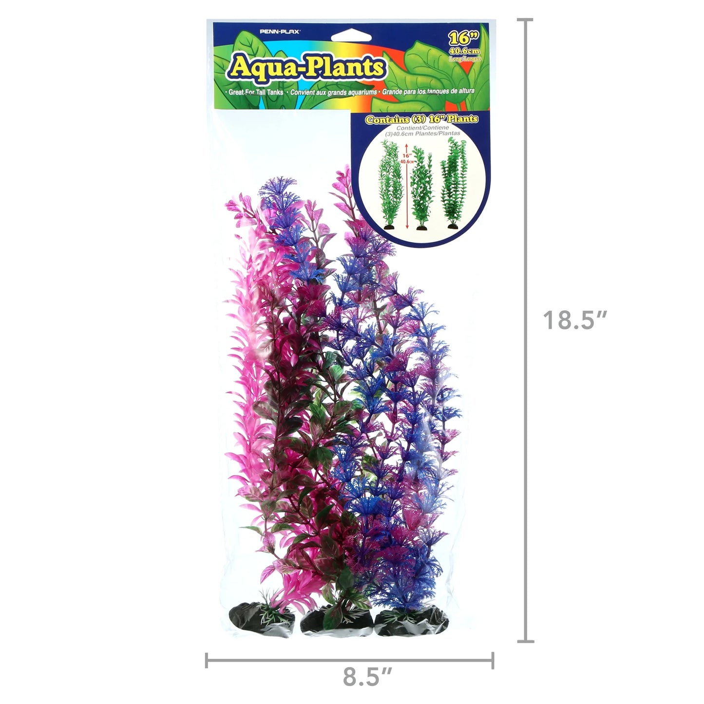 Aqua-Plants Aquarium Plant Decoration - 3 Piece Plastic Plant Bundle – Multicolor – 16” Height