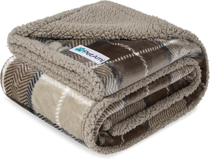 Waterproof Dog Blanket for Couch, Extra Large 80X60, Pee Proof Sherpa Fleece Reversible Pet Throw, Furniture Protector for Bed Sofa Crate Kennel, Soft Washable Cover for Dogs, Plaid Taupe