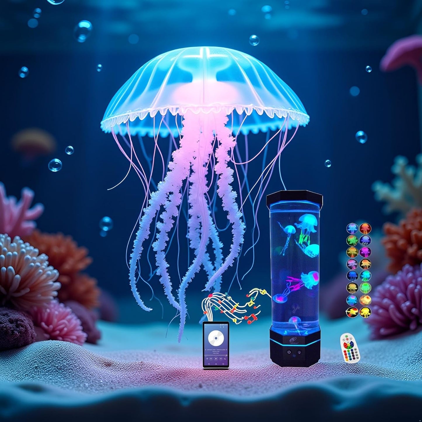 LED Sensory Jellyfish Aquarium Lamp with Bluetooth Speaker and Color Changing Light Effects. Majestic and Standing Tall at 12 Inches! Medium (12 Inches Tall)