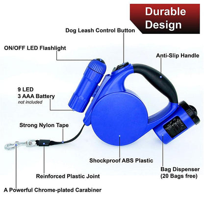 Nightwalk 4.5M Led Light And Waste Bag Dispenser Retractable Dog Leash