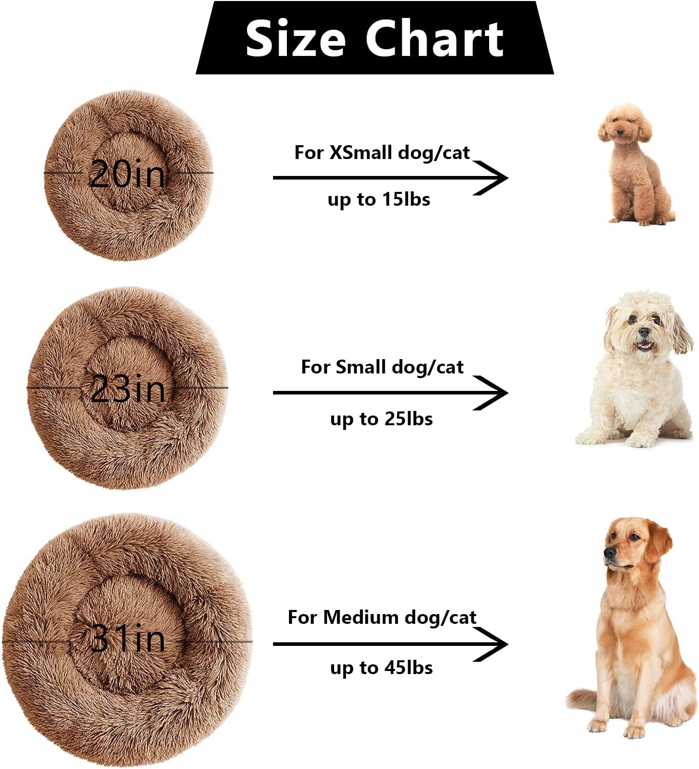 Calming Dog Bed for Medium Dogs, anti Anxiety Donut Dog Bed, round Dog Bed for Puppy, Plush Faux Fur Dog Bed, Fluffy Dog Bed, Soft Fuzzy Pet Bed, Machine Washable, 23X23Inch Lightcoffee