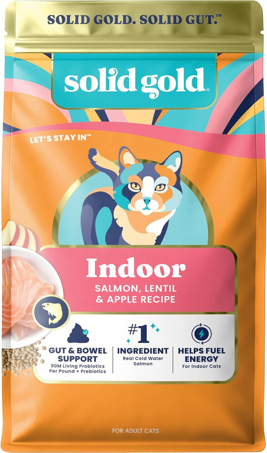 Solid Gold Indoor Dry Cat Food - Grain Free & Gluten Free - Salmon Cat Food Dry Kibble for Indoor Cats for Gut Health - Sensitive Stomach & Hairball Support for Adult Cats - 12LB