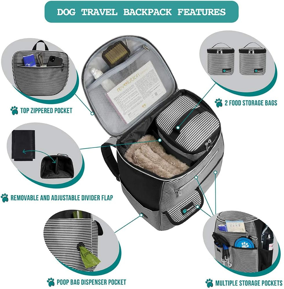 Dog Travel Bag Backpack, Airline Approved Dog Bags for Traveling, Puppy Diaper Bag Supplies, Pet Camping Essentials Hiking Accessories Gift, Food Container, Collapsible Bowls, Stripe Black