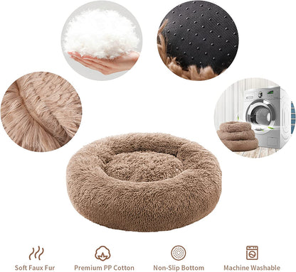 Calming Dog Bed for Medium Dogs, anti Anxiety Donut Dog Bed, round Dog Bed for Puppy, Plush Faux Fur Dog Bed, Fluffy Dog Bed, Soft Fuzzy Pet Bed, Machine Washable, 23X23Inch Lightcoffee