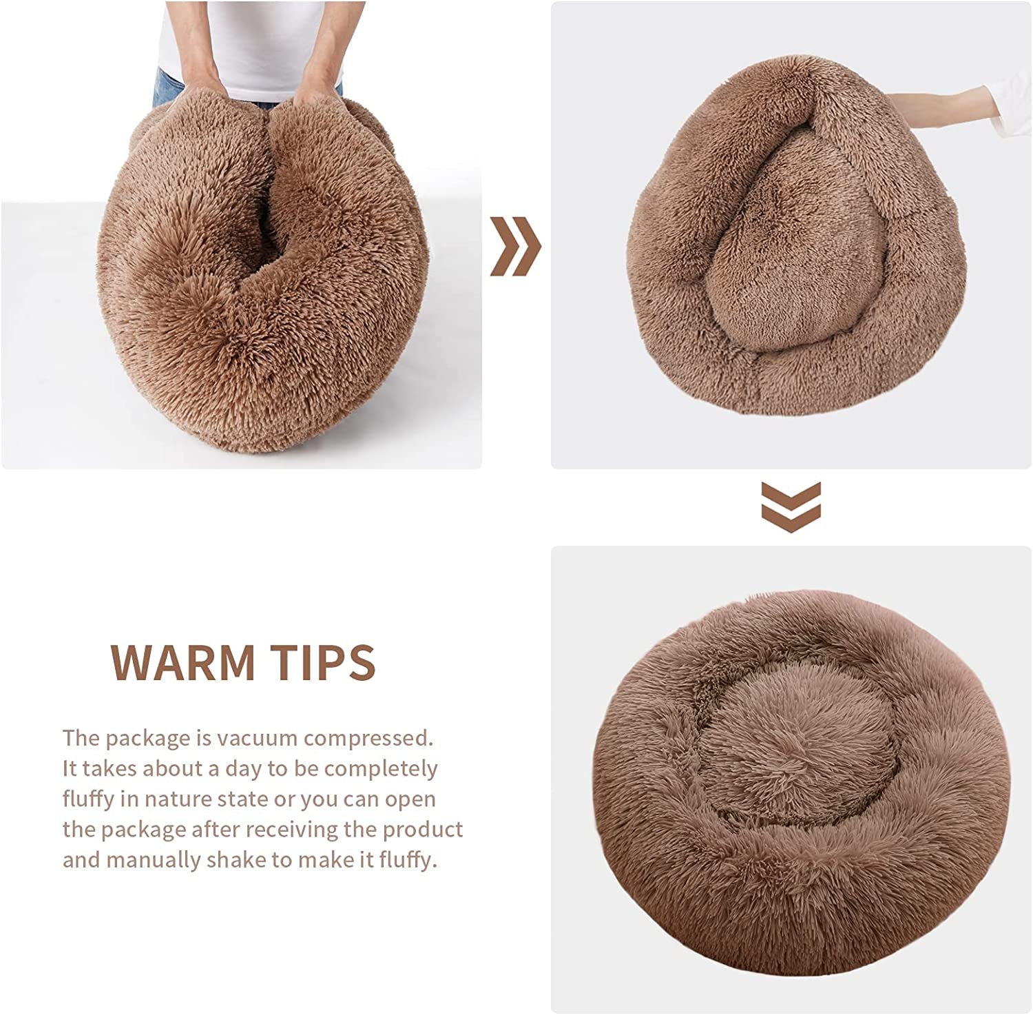 Calming Dog Bed for Medium Dogs, anti Anxiety Donut Dog Bed, round Dog Bed for Puppy, Plush Faux Fur Dog Bed, Fluffy Dog Bed, Soft Fuzzy Pet Bed, Machine Washable, 23X23Inch Lightcoffee