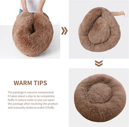 Calming Dog Bed for Medium Dogs, anti Anxiety Donut Dog Bed, round Dog Bed for Puppy, Plush Faux Fur Dog Bed, Fluffy Dog Bed, Soft Fuzzy Pet Bed, Machine Washable, 23X23Inch Lightcoffee