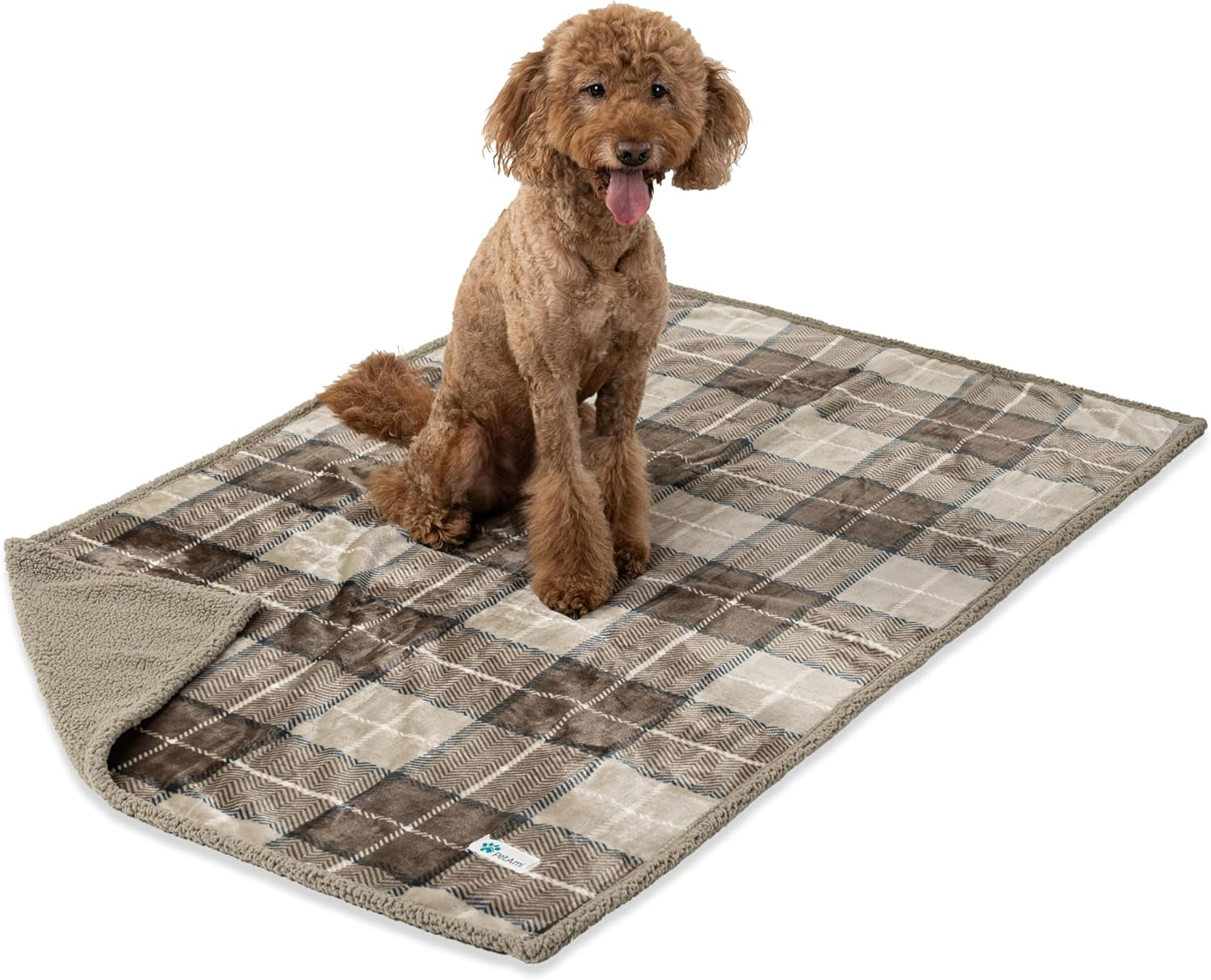 Waterproof Dog Blanket for Couch, Extra Large 80X60, Pee Proof Sherpa Fleece Reversible Pet Throw, Furniture Protector for Bed Sofa Crate Kennel, Soft Washable Cover for Dogs, Plaid Taupe