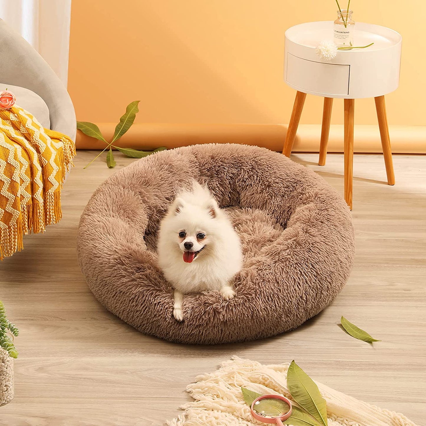 Calming Dog Bed for Medium Dogs, anti Anxiety Donut Dog Bed, round Dog Bed for Puppy, Plush Faux Fur Dog Bed, Fluffy Dog Bed, Soft Fuzzy Pet Bed, Machine Washable, 23X23Inch Lightcoffee
