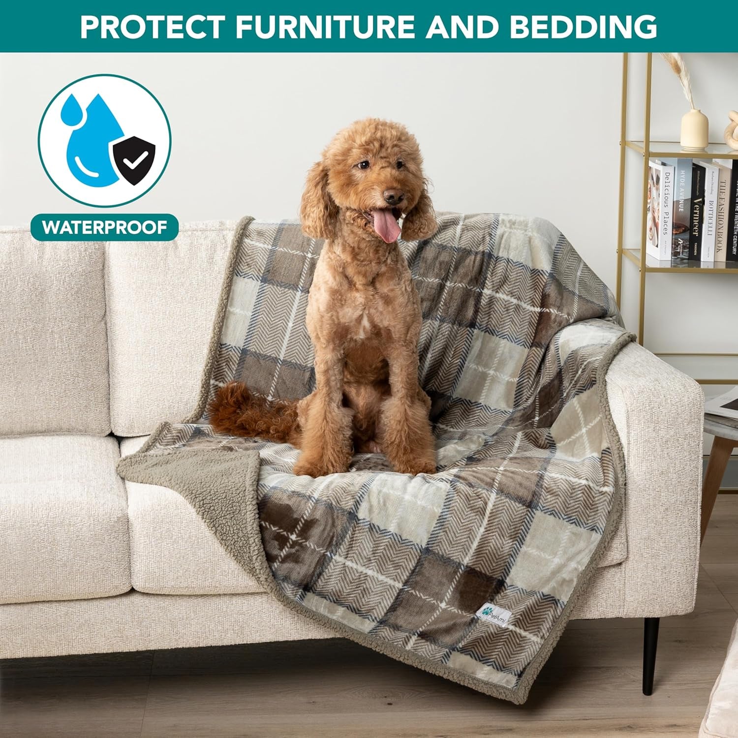Waterproof Dog Blanket for Couch, Extra Large 80X60, Pee Proof Sherpa Fleece Reversible Pet Throw, Furniture Protector for Bed Sofa Crate Kennel, Soft Washable Cover for Dogs, Plaid Taupe