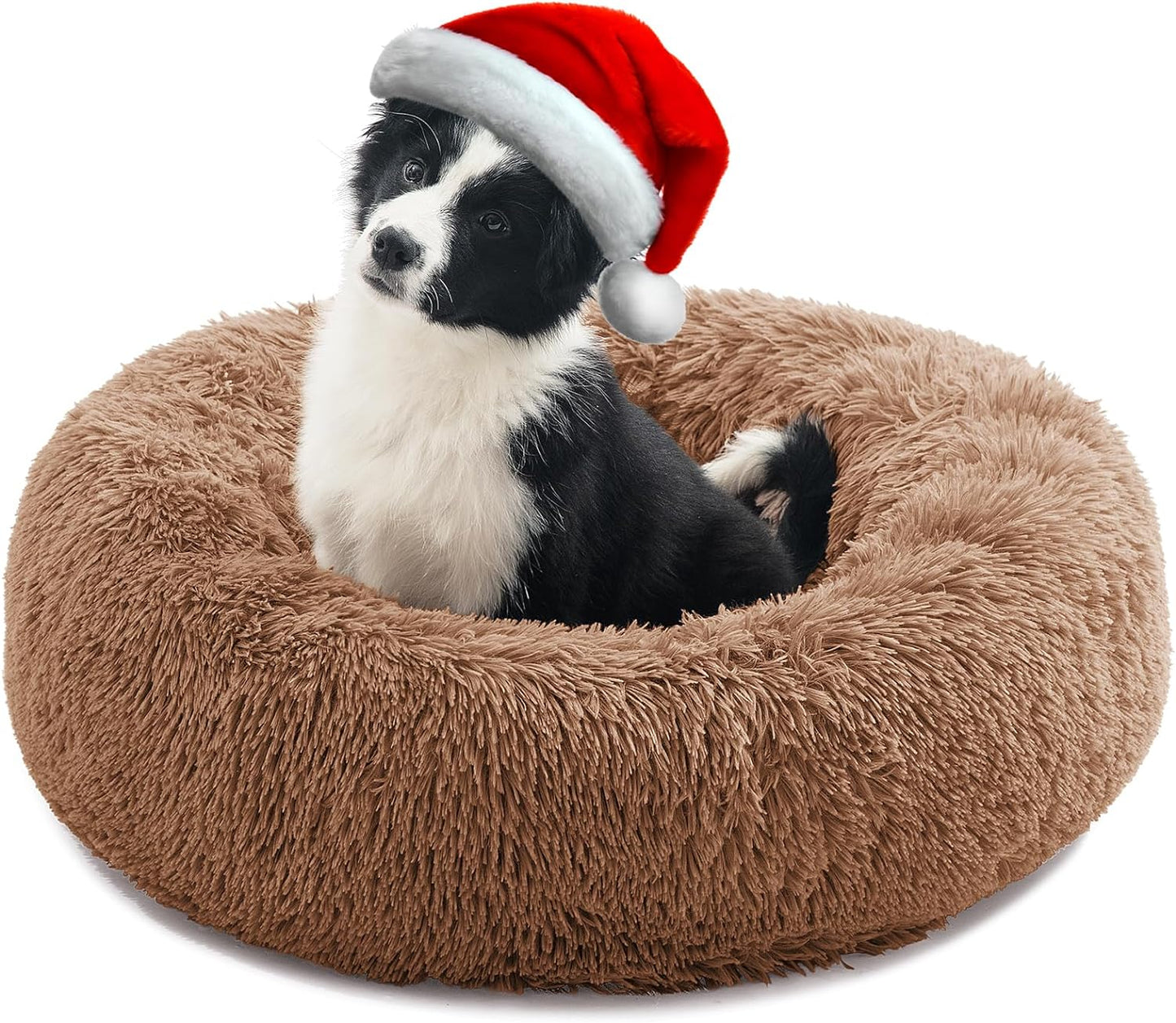 Calming Dog Bed for Medium Dogs, anti Anxiety Donut Dog Bed, round Dog Bed for Puppy, Plush Faux Fur Dog Bed, Fluffy Dog Bed, Soft Fuzzy Pet Bed, Machine Washable, 23X23Inch Lightcoffee