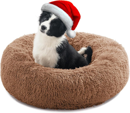 Calming Dog Bed for Medium Dogs, anti Anxiety Donut Dog Bed, round Dog Bed for Puppy, Plush Faux Fur Dog Bed, Fluffy Dog Bed, Soft Fuzzy Pet Bed, Machine Washable, 23X23Inch Lightcoffee