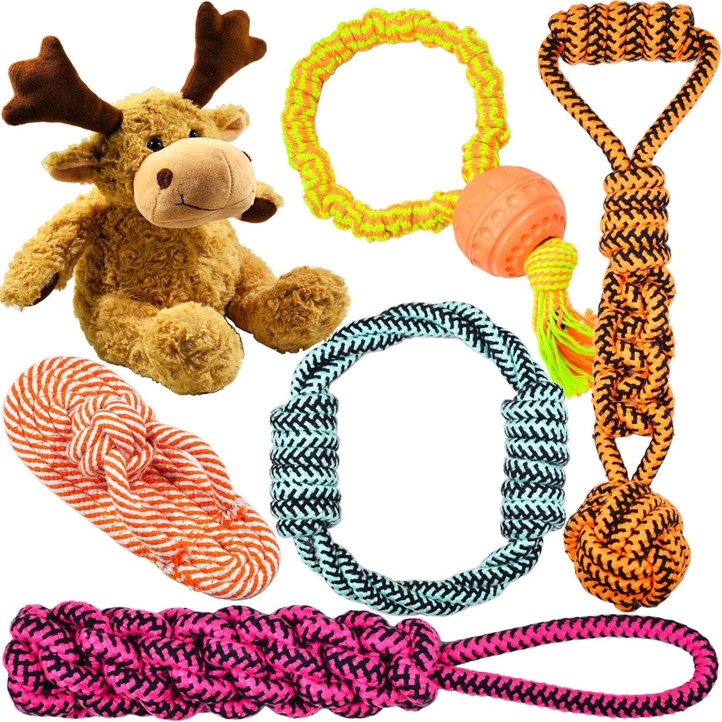 WELL LOVE [Reliable Version] Dog Toys - Chew Toys - Squeak Toys - Christmas Elk Dog Toys - Long-Lasting Elastic Rope with Ball - 100 Natural Cotton Rope - Dog Toy Pack - Gifts for Dog 6Pack Set