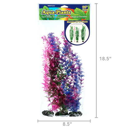Aqua-Plants Aquarium Plant Decoration - 3 Piece Plastic Plant Bundle – Multicolor – 16” Height