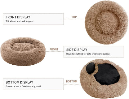 Calming Dog Bed for Medium Dogs, anti Anxiety Donut Dog Bed, round Dog Bed for Puppy, Plush Faux Fur Dog Bed, Fluffy Dog Bed, Soft Fuzzy Pet Bed, Machine Washable, 23X23Inch Lightcoffee
