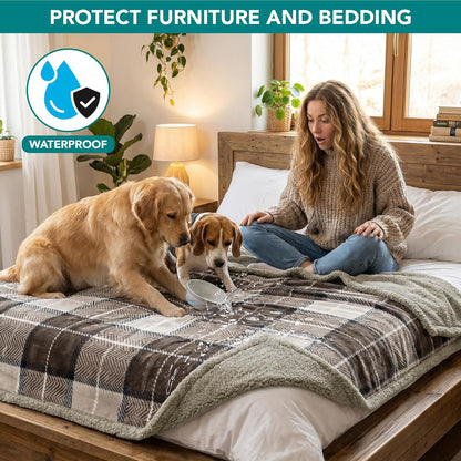 Waterproof Dog Blanket for Couch, Extra Large 80X60, Pee Proof Sherpa Fleece Reversible Pet Throw, Furniture Protector for Bed Sofa Crate Kennel, Soft Washable Cover for Dogs, Plaid Taupe