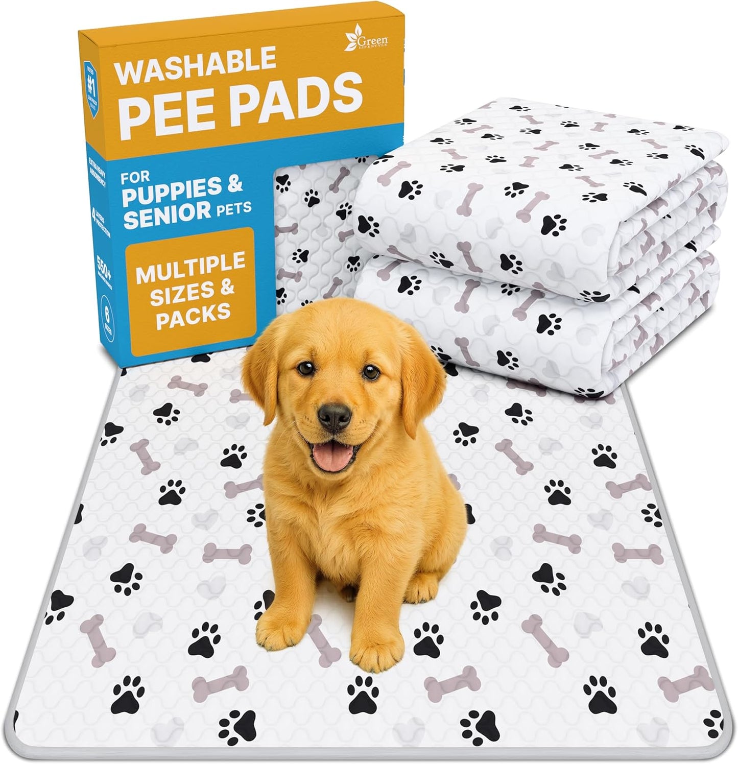 Washable Pee Pads for Dogs - Waterproof Reusable Puppy Pads with Anti-Slip Backing, Pet Training Pad for Puppy Playpen, Crate, Whelping Box, Potty Training (Pack of 6 - 30X34)