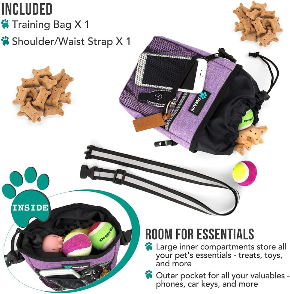 Dog Treat Pouch, Pet Treat Pouch for Training, Dog Walking Bag Holder for Kibbles, Pet Food Toy, Dog Trainer Essentials Supplies, Poop Bag Dispenser, 3 Ways to Wear (Purple)