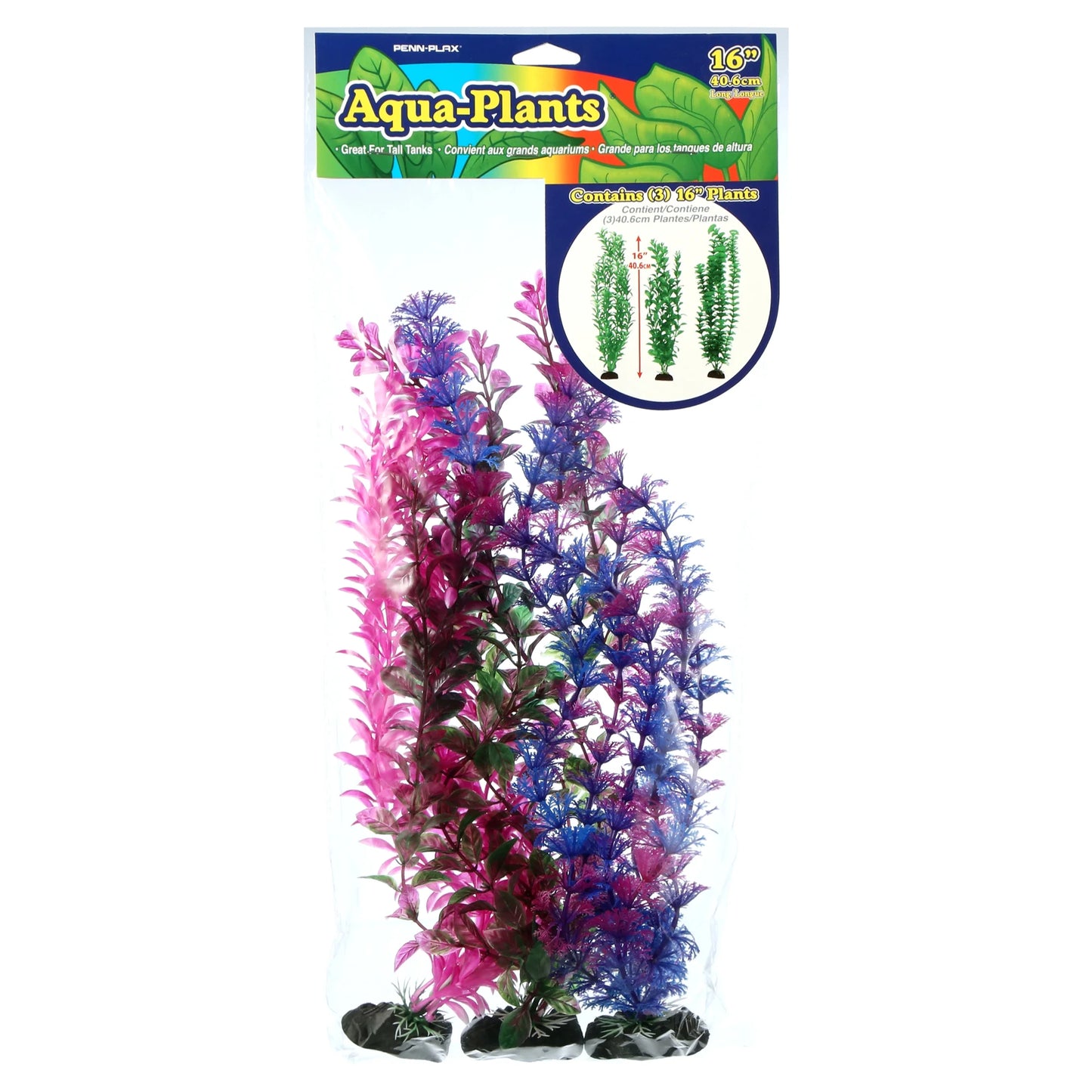 Aqua-Plants Aquarium Plant Decoration - 3 Piece Plastic Plant Bundle – Multicolor – 16” Height