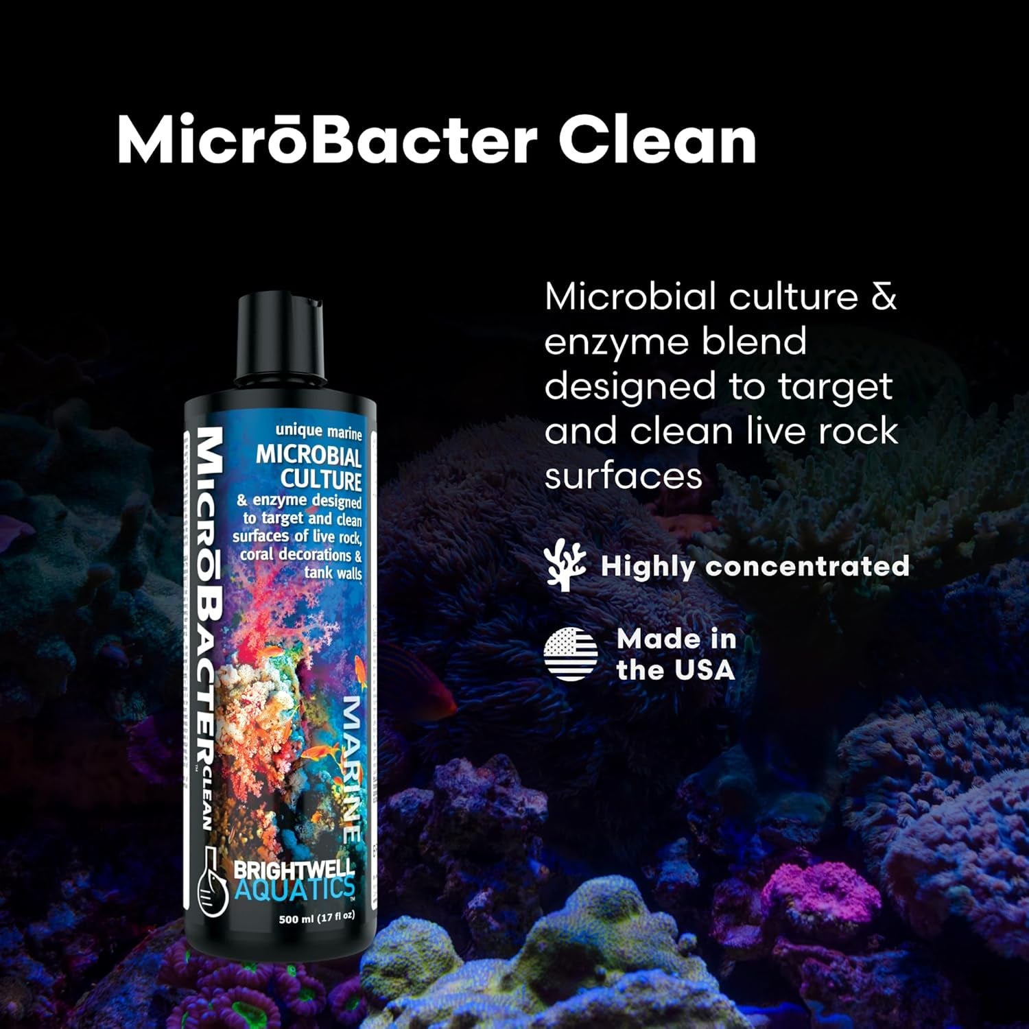 Microbacter Clean - Microbial Culture & Enzyme Blend Fish Tank Cleaner - Cleans Live Rock Surfaces for Saltwater Fish Habitats - Aquarium Water Treatments, 16.9 Fl Oz