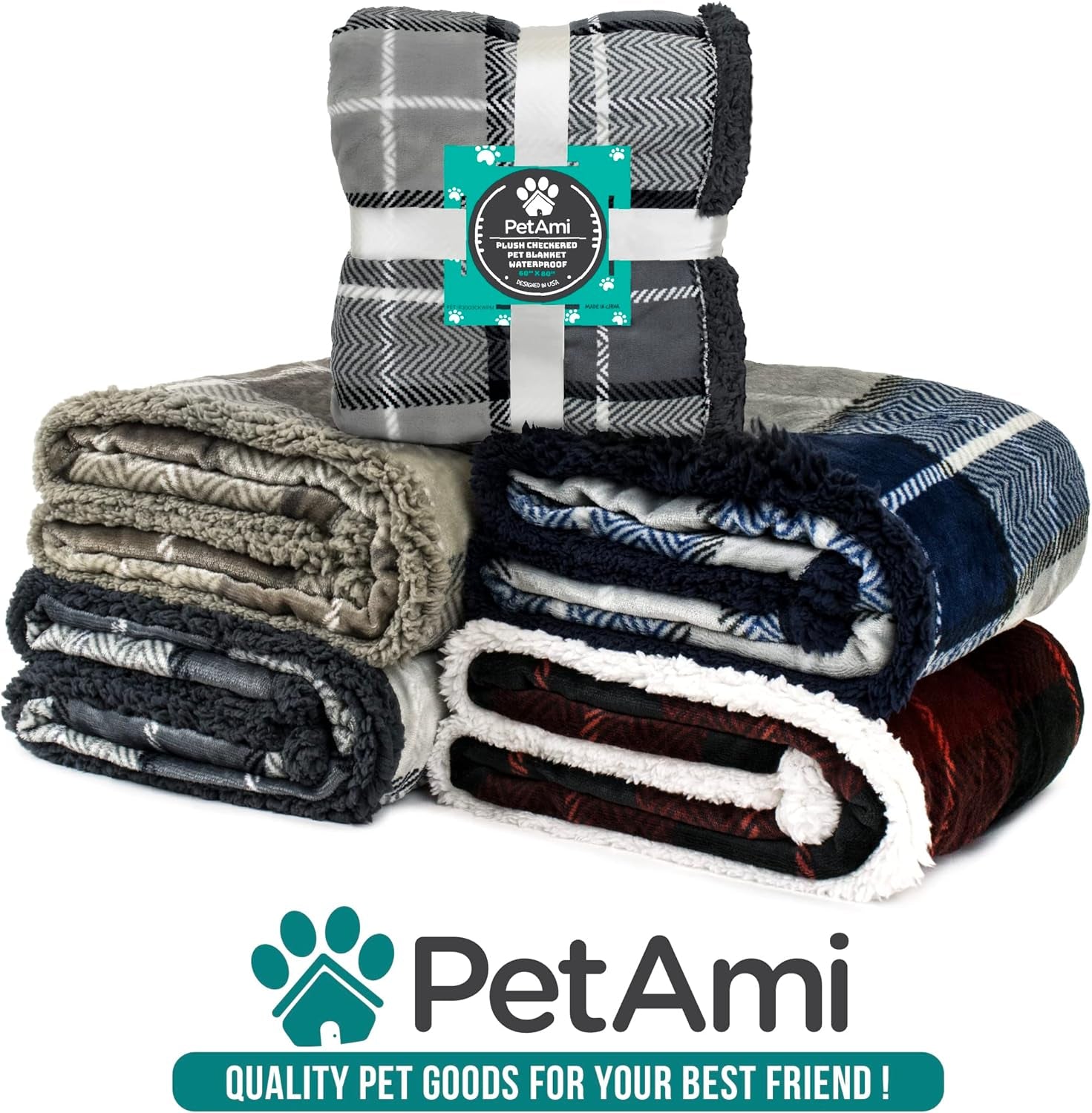 Waterproof Dog Blanket for Couch, Extra Large 80X60, Pee Proof Sherpa Fleece Reversible Pet Throw, Furniture Protector for Bed Sofa Crate Kennel, Soft Washable Cover for Dogs, Plaid Taupe