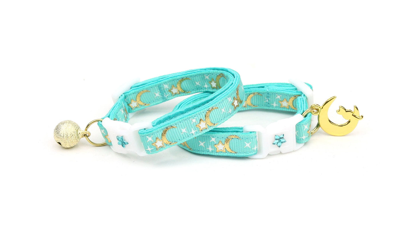 Gold Moons and Stars on Aqua Cat Collar-4